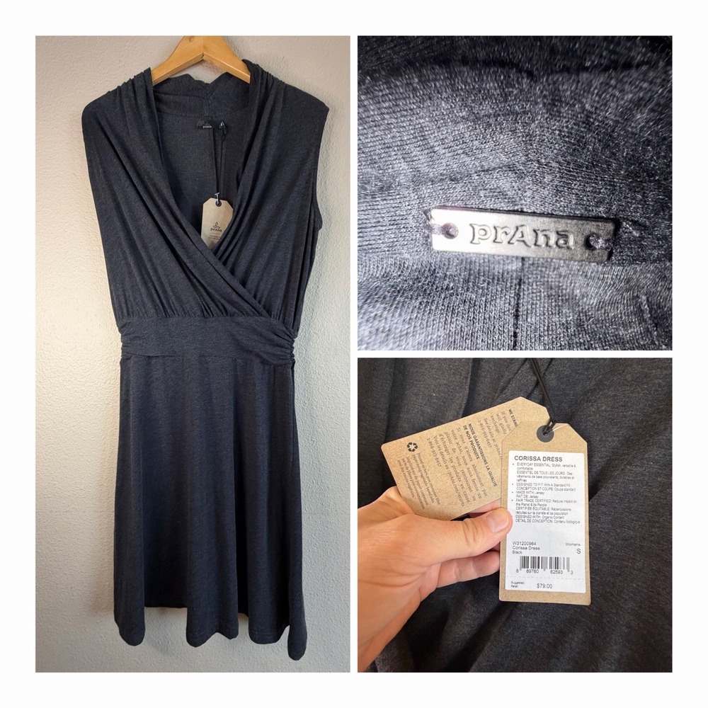 prAna Corissa Dress S Gray Organic Cotton Faux Wrap Fit Flare Sleeveless NWT
